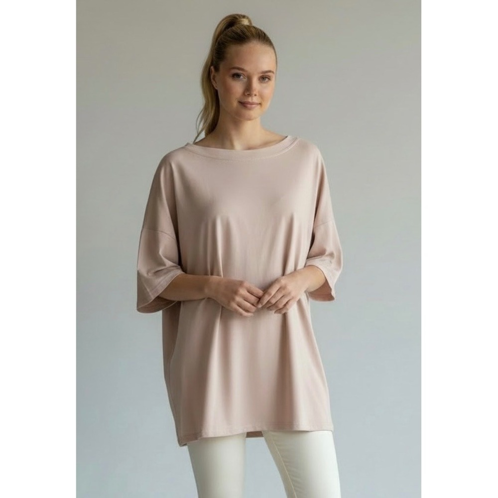 Simplee Beige Oversized Boat Neck Tunic Top Size Medium Short Sleeve Relaxed Tee